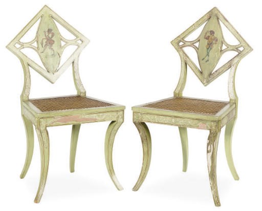 A SET OF SIX ITALIAN POLYCHROME-PAINTED AND CANED SIDE CHAIRS,