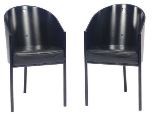 A SET OF FOUR ENAMELED METAL, PLYWOOD AND LEATHER 'COSTES' CHAIRS,