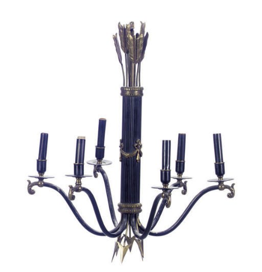 A PATINATED AND GILT-METAL SIX-LIGHT CHANDELIER,