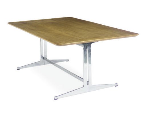 AN OAK AND CHROMED-METAL DINING TABLE,
