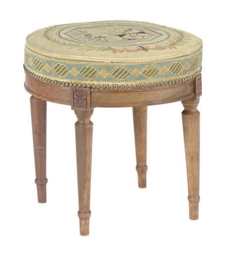 A FRENCH FRUITWOOD AND UPHOLSTERED FOOT STOOL,