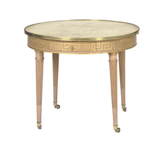 A FRENCH PAINTED, PARCEL-GILT AND MARBLE TOP BOUILOTTE TABLE,