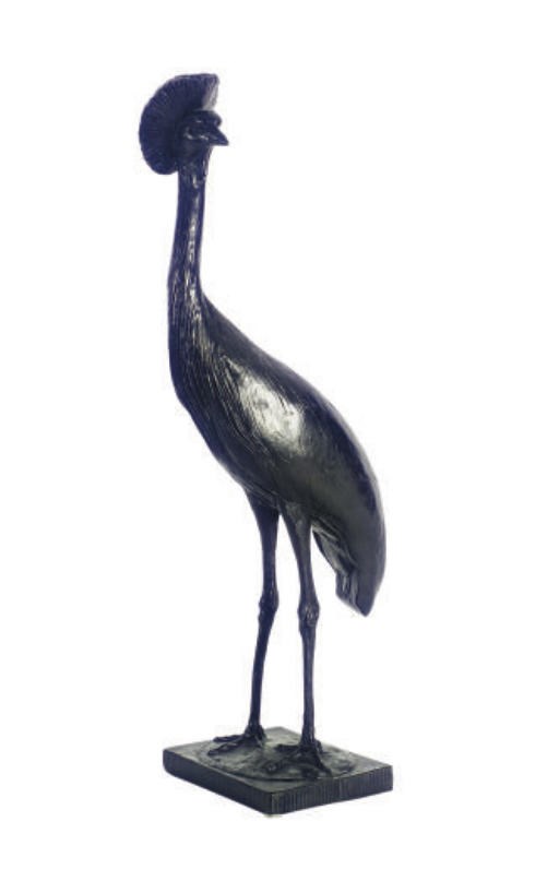A PATINATED BRONZE FIGURE OF A STANDING BIRD,