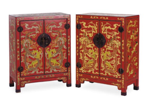 A PAIR OF CHINESE PLYCHROMED RED LACQUER LOW CABINETS TOGETHER WITH A SIMILAR BLACK LACQUER CABINET,
