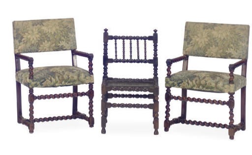 A PAIR OF CONTINENTAL WALNUT AND UPHOLSTERED ARMCHAIRS,