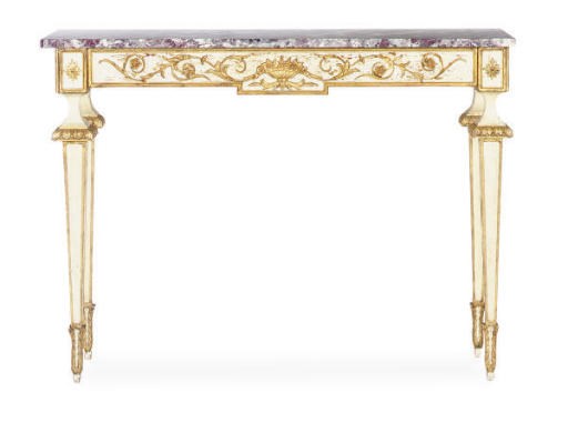 A CREAM PAINTED AND PARCEL-GILT MARBLE TOP CONSOLE,