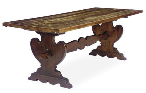 AN ITALIAN INLAID WALNUT TRESTLE TABLE,