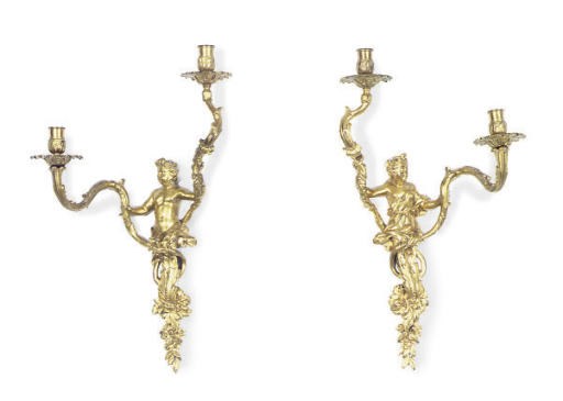 A SET OF FOUR ORMOLU FIGURAL TWO-BRANCH WALL-LIGHTS,