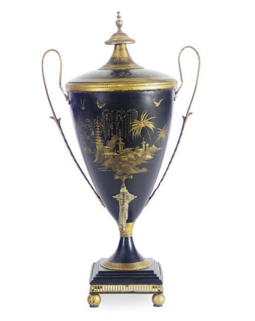 A REGENCY BLACK AND GILT TOLE PEINTE HOT WATER URN,