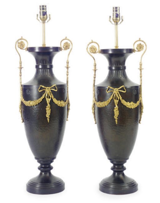 A PAIR OF PATINATED AND GILT-METAL URN-FORM TABLE LAMPS,