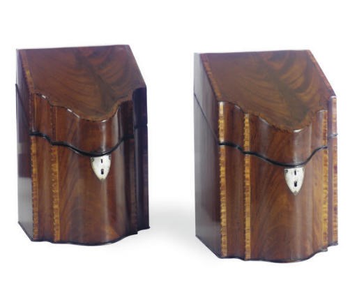 A PAIR OF GEORGE III MAHOGANY AND TULIPWOOD-BANDED SERPENTINE CUTLERY BOXES,