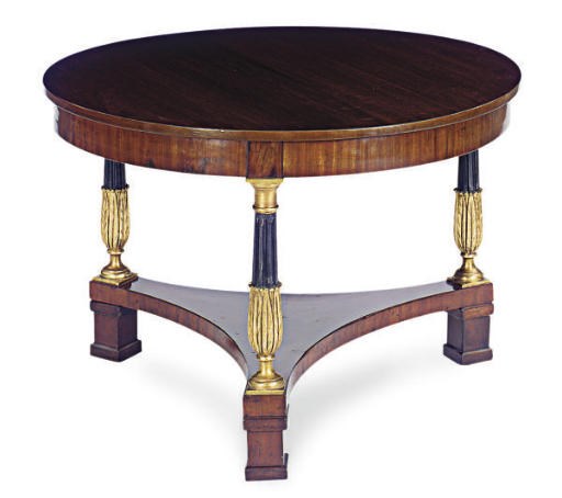 A CONTINENTAL MAHOGANY, EBONISED, AND PARCEL-GILT CENTER TABLE,