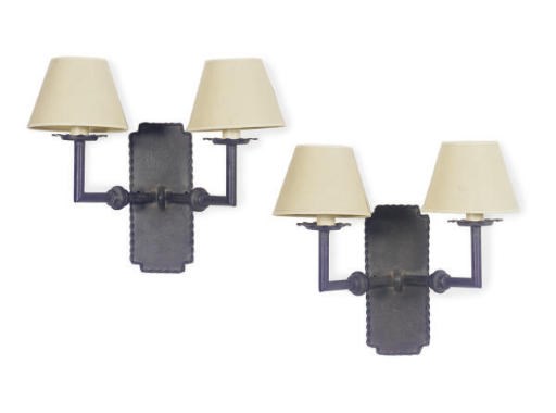 A PAIR OF WROUGHT IRON TWO-LIGHT WALL-LIGHTS,