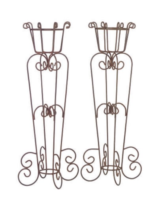 A PAIR OF WROUGHT IRON GARDEN URNS,