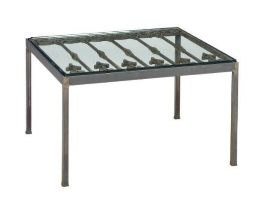A WROUGHT IRON, STEEL, AND GLASS TOP LOW TABLE,