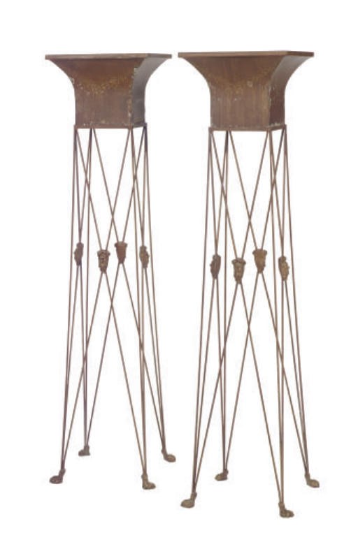 A PAIR OF TOLE PEINTE JARDINEIRES ON STANDS,