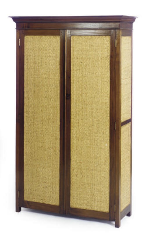 A PAIR OF MAHOGANY AND STRAW-WOVEN TWO-DOOR CABINETS,