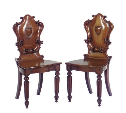 A PAIR OF VICTORIAN MAHOGANY HALL CHAIRS,