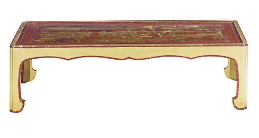 A RED AND GILT-LACQUERED LOW TABLE,