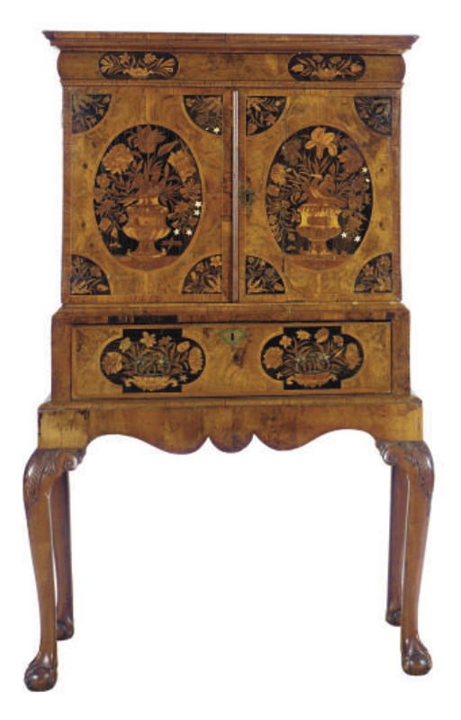 AN ENGLISH WALNUT AND MARQUETRY CABINET-ON-STAND**,
