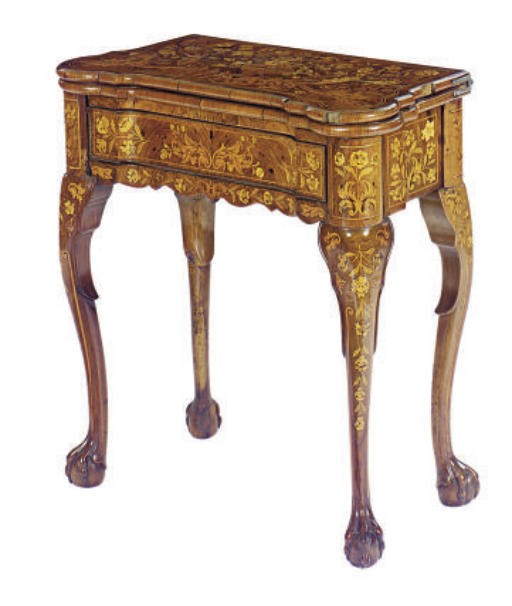 A DUTCH WALNUT AND MARQUETRY FOLD-OVER GAMES TABLE,