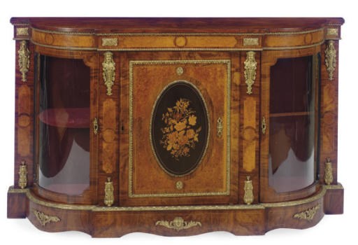 A VICTORIAN GILT-METAL MOUNTED WALNUT, AMBOYNA AND FLORAL MARQUETRY SIDE CABINET,