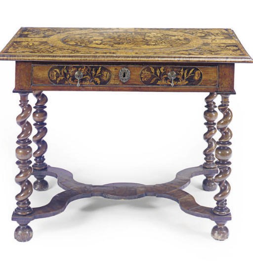 A DUTCH WALNUT AND FLORAL MARQUETRY WRITING TABLE,