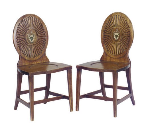 A SET OF FOUR ENGLISH PAINT-DECORATED MAHOGANY SIDE CHAIRS,