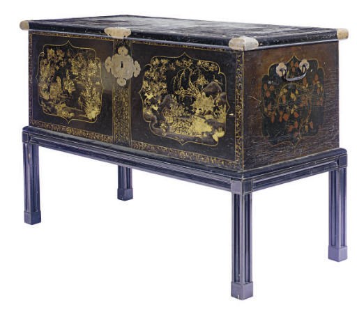 A CHINESE BLACK LACQUER AND GILT DECORATED COFFER ON STAND,