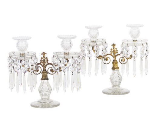 A PAIR OF VICTORIAN GILT-METAL AND CUT-GLASS TWO-LIGHT CANDELABRA,