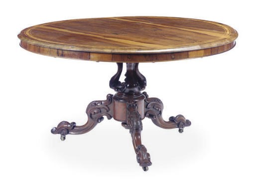 A VICTORIAN ROSEWOOD AND CROSSBANDED TILT-TOP BREAKFAST TABLE**,