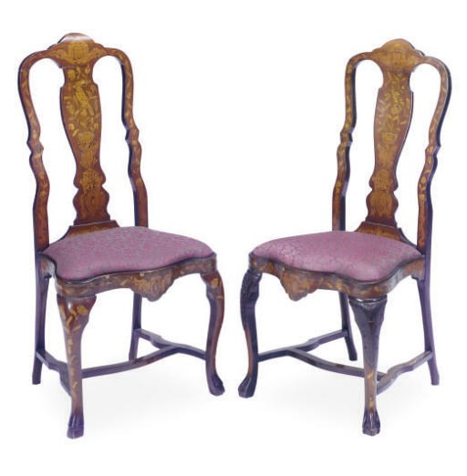 A NEAR PAIR OF DUTCH FRUITWOOD AND MARQUETRY SIDE CHAIRS,