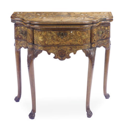 A DUTCH WALNUT AND FLORAL MARQUETRY CARD TABLE,
