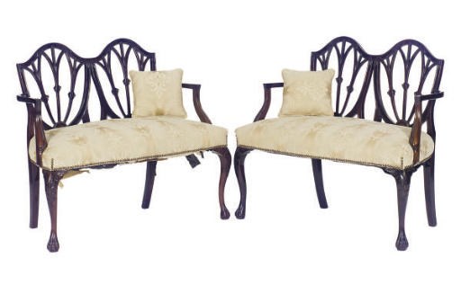 A PAIR OF ENGLISH MAHOGANY LOVE SEATS,
