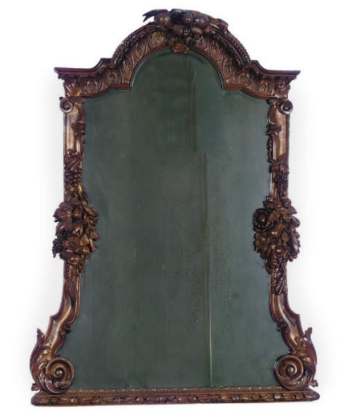 A STAINED AND PAINTED PINE OVERMANTEL MIRROR,