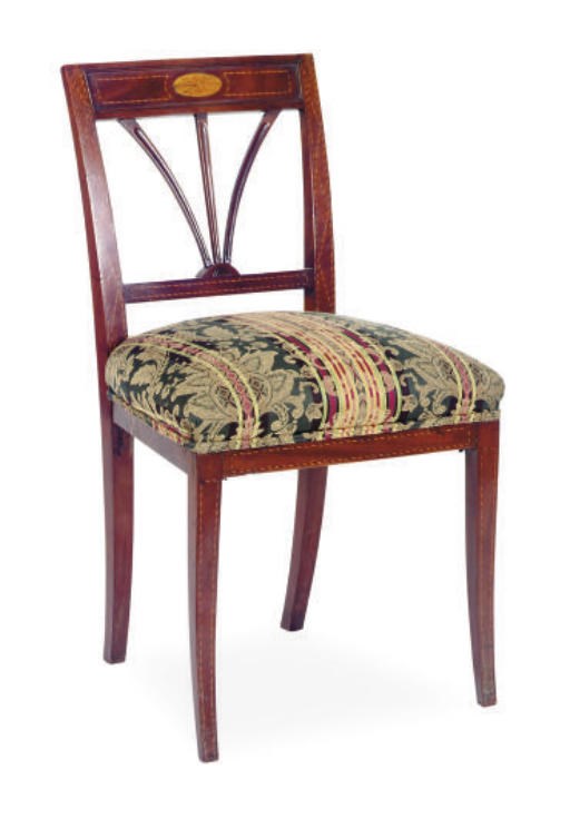 A SET OF FIVE INLAID MAHOGANY SIDE CHAIRS,