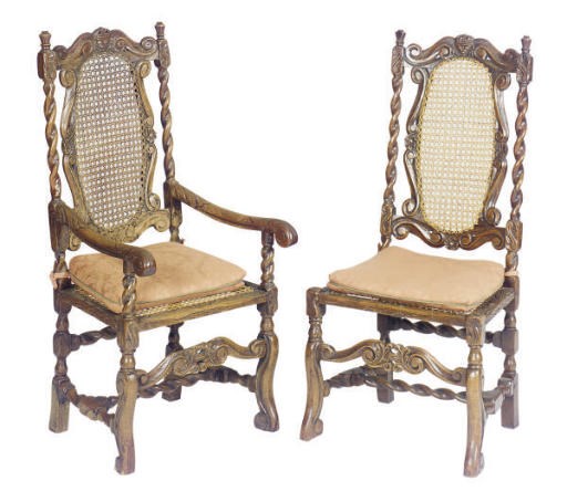 A MATCHED SET OF OAK AND CANED DINING CHAIRS,
