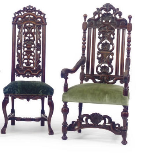 AN ASSEMBLED SET OF SEVEN CONTINENTAL WALNUT DINING CHAIRS,