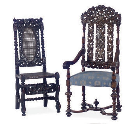 A MATCHED SET OF FOUR WALNUT AND CANED SIDE CHAIRS,