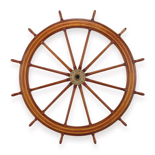 A large mahogany twelve-spoke ship's wheel for the S.S. Weehawken