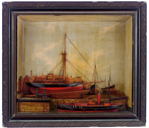 A 19th century shadow box depicting a ship yard