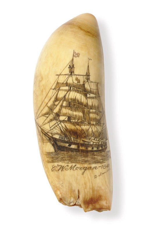 A large 20th century scrimshaw whale's tooth with an image of the Chalres W. Morgan**