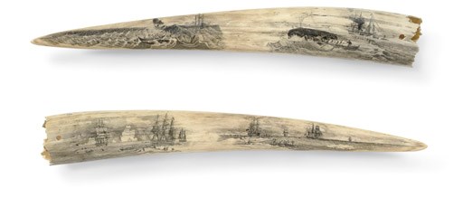 A pair of large scrimshaw walrus' tusks with whaling scenes**