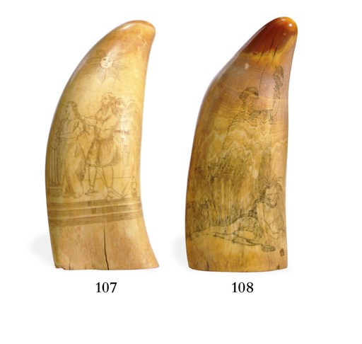 A 19th century scrimshaw whale's tooth with Mormon/Masonic iconography**
