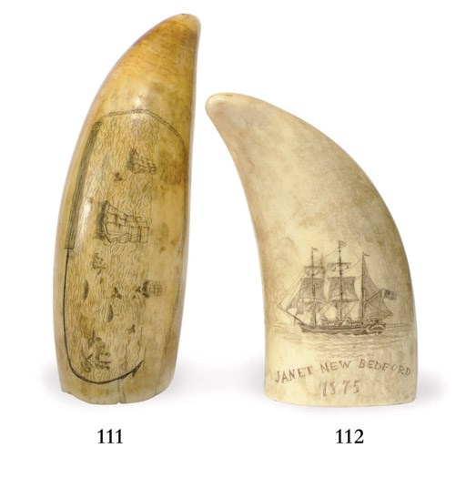 A 19th century scrimshaw whale's tooth with a whaling scene**