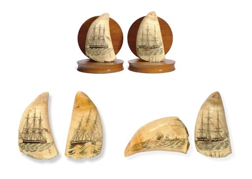 A pair of large 19th century scrimshaw and polychromed whale's teeth with whaling scenes**