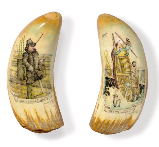 A large 20th century scrimshaw whale's tooth Stove In and "Thou damned whale!"**