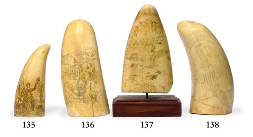 A 19th century scrimshaw whale's tooth with an image of Jack Tar holding an American flag**