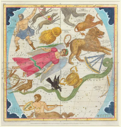 A set of six framed hand-colored celestial charts