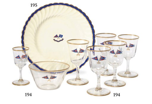 A set of six glasses and a glass bowl from the yacht Sea Cloud